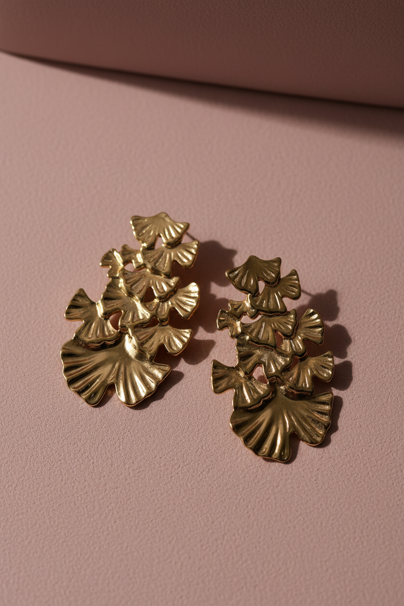 The Ginkgo Cascade Earrings premium beige surface — anti-tarnish gold earrings India — SIOBHÁN