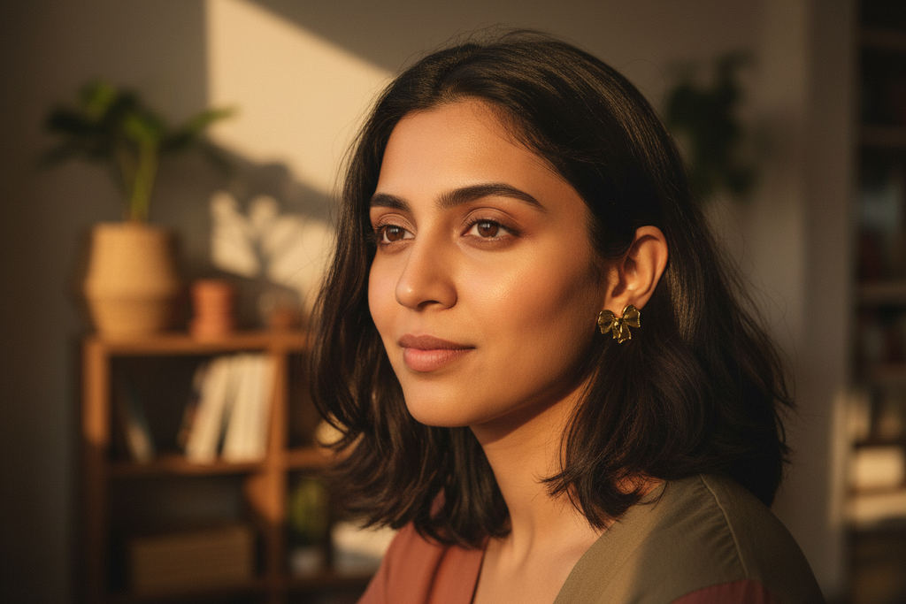 Bow Knot Earrings relaxed outdoor portrait — anti-tarnish bow earrings India — SIOBHÁN