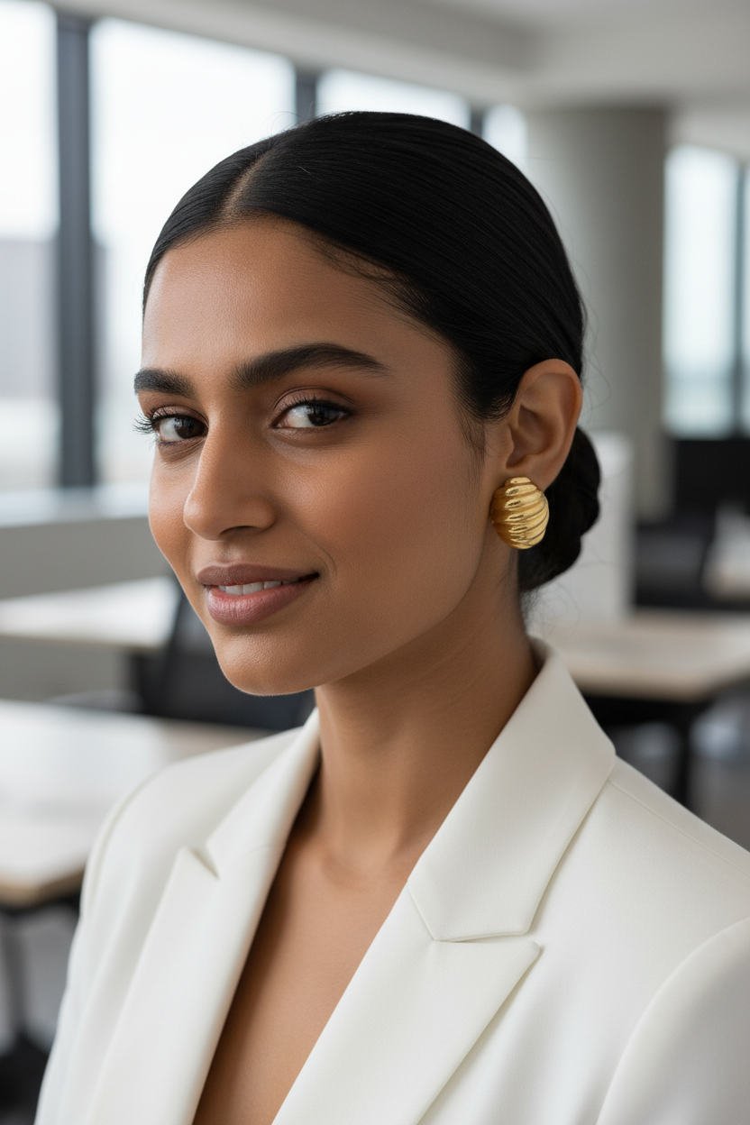 Ribbed Dome Earrings office lifestyle shot — anti-tarnish ribbed studs India — SIOBHÁN