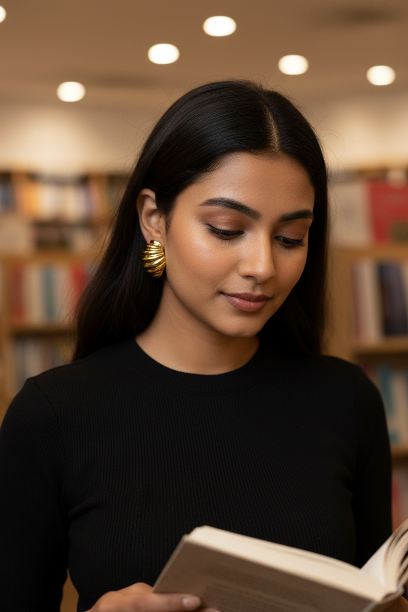Ribbed Dome Earrings at bookstore lifestyle — waterproof gold studs India — SIOBHÁN