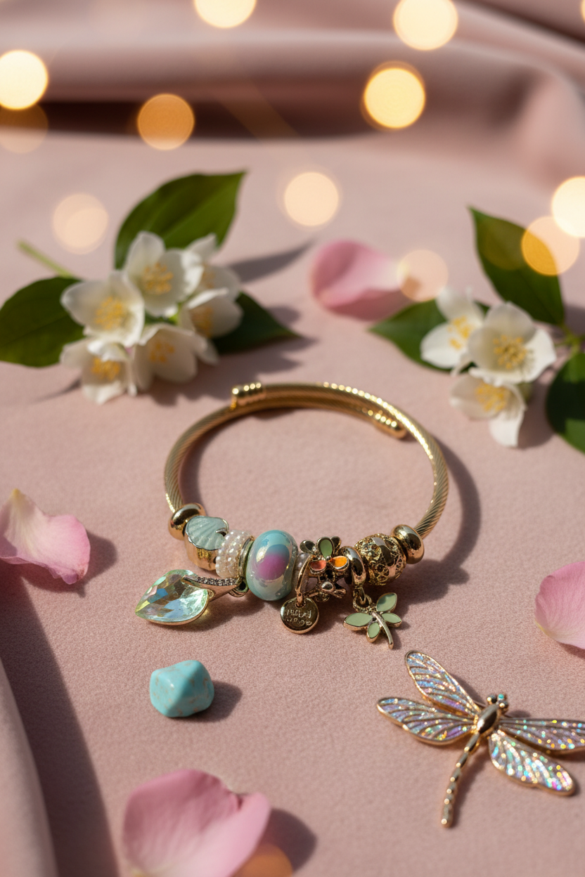 Aurora Garden Charm Cuff romantic bokeh background — anti-tarnish garden bracelet India — SIOBHÁN