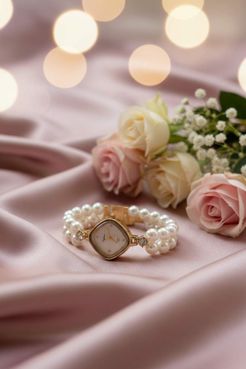 Pearl Luxe Watch romantic bokeh background — waterproof pearl watch India — SIOBHÁN