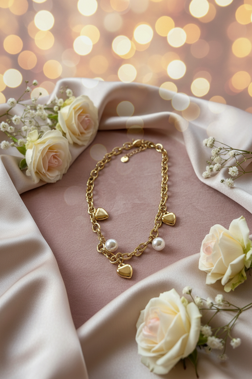 Golden Heart & Pearl Charm Necklace romantic bokeh background — waterproof pearl necklace India — SIOBHÁN