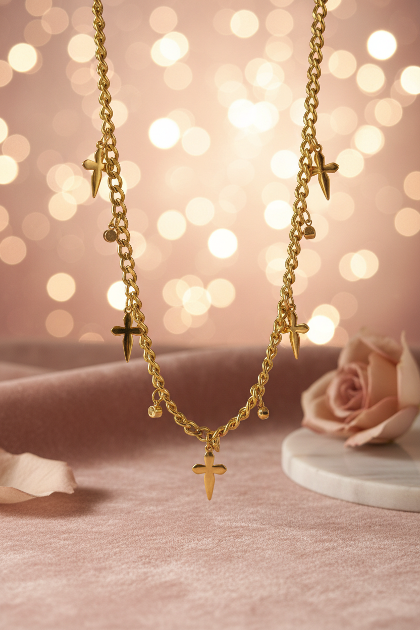 Gold Cross Diamond Studded Necklace romantic background — waterproof gold necklace India — SIOBHÁN