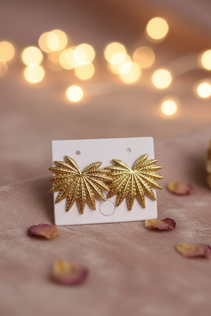 Golden Palm Leaf Stud romantic bokeh background — waterproof gold stud earrings India — SIOBHÁN