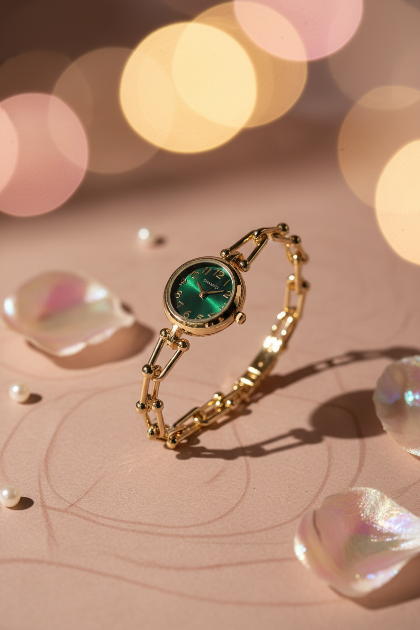 Vintage Emerald Link Chain Watch romantic bokeh background — anti-tarnish gold watch India — SIOBHÁN