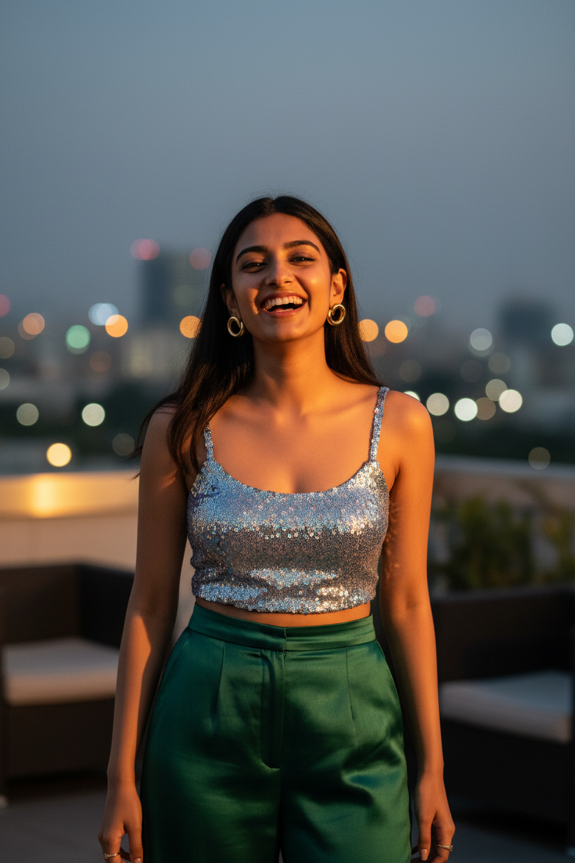 Aurora Crescent Hoops rooftop party lifestyle — waterproof gold earrings India — SIOBHÁN