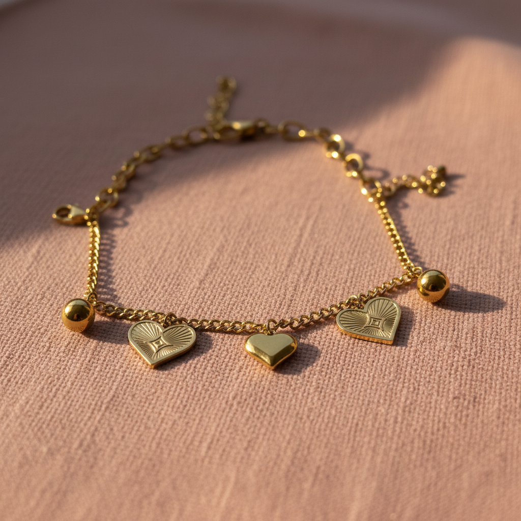 Double Chain Heart Charm Bracelet on rose linen close-up — anti-tarnish gold bracelet India — SIOBHÁN