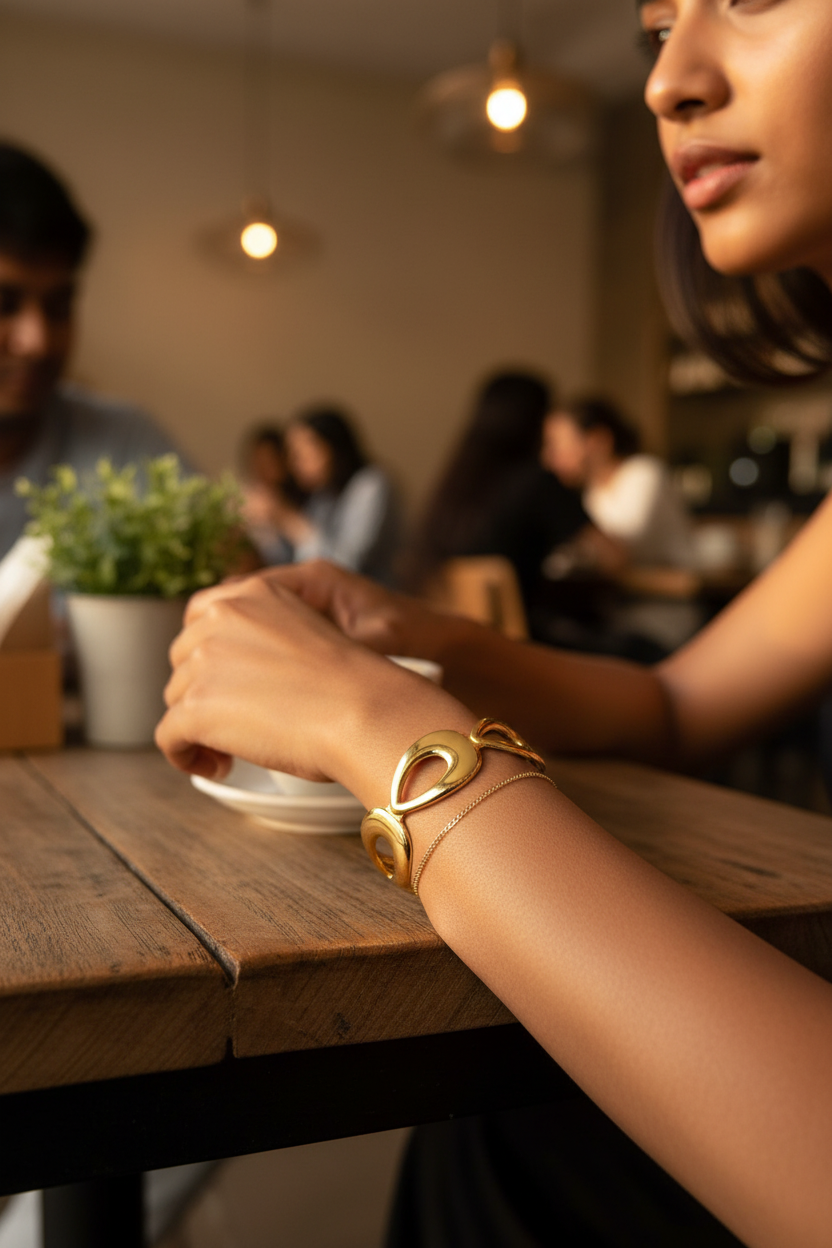 Molten Loop Cuff café stack lifestyle — anti-tarnish molten cuff bracelet India — SIOBHÁN