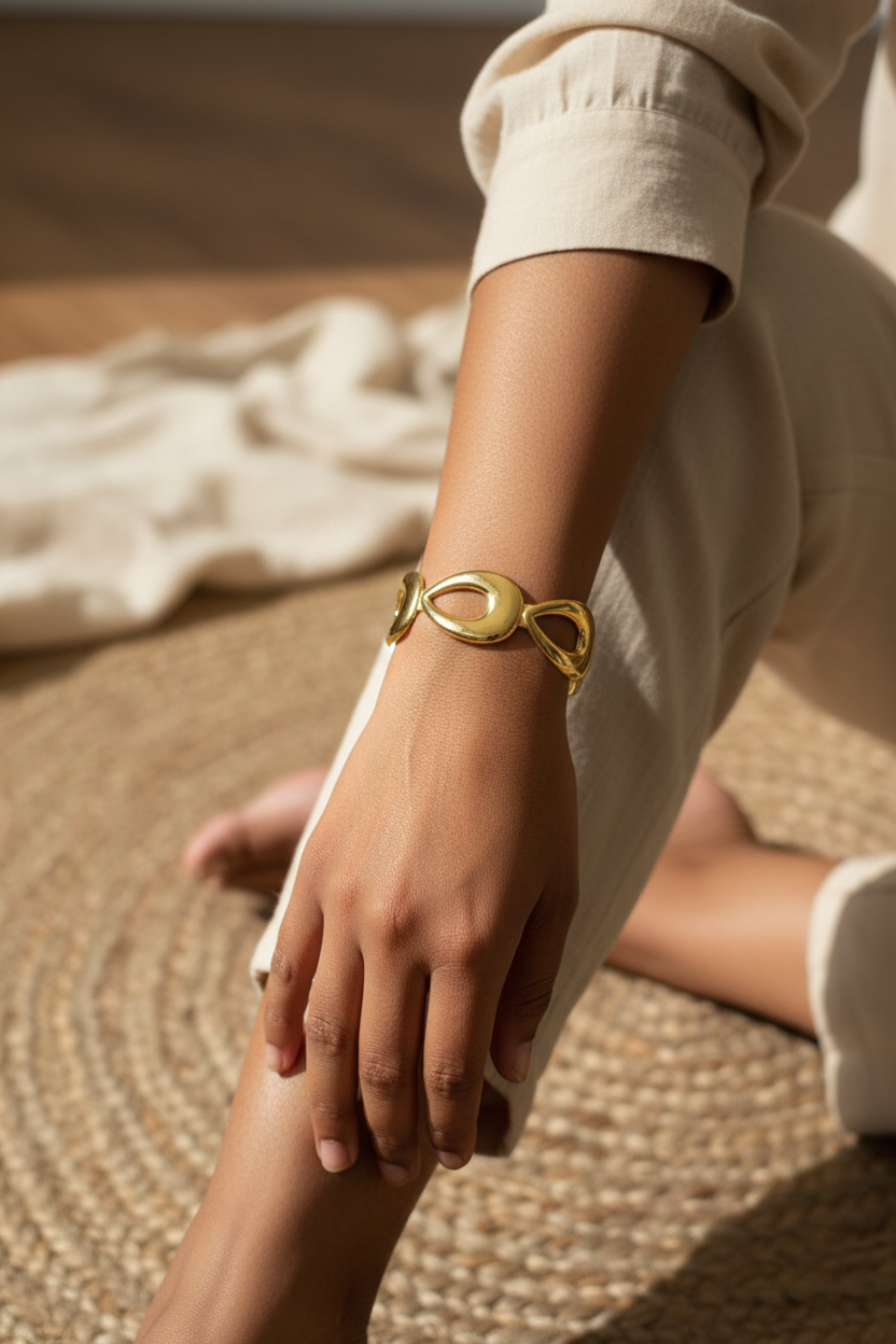 Molten Loop Cuff resting on knee — waterproof gold cuff bracelet India — SIOBHÁN