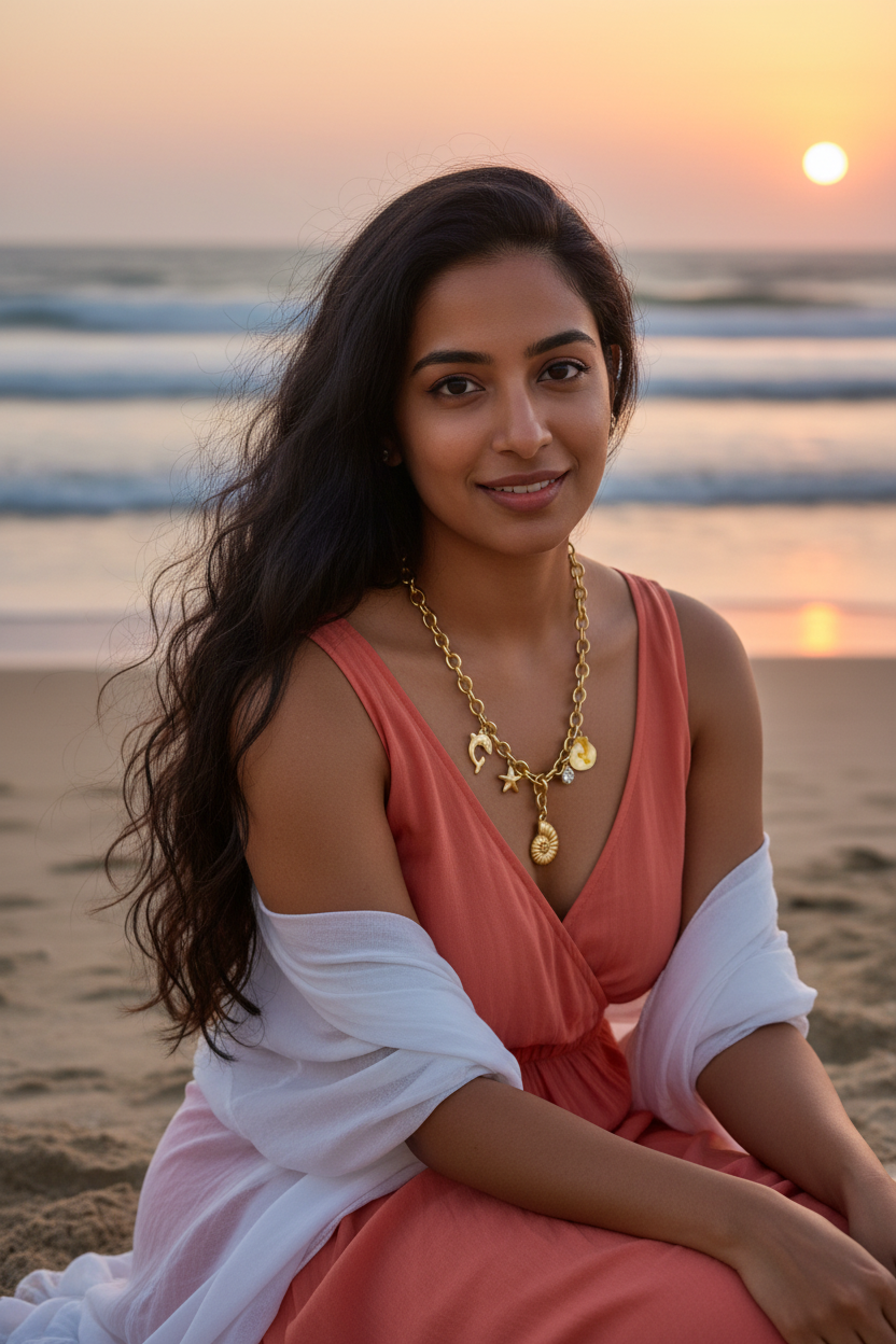 Ocean Charm Necklace seaside golden hour lifestyle — skin-safe gold necklace India — SIOBHÁN