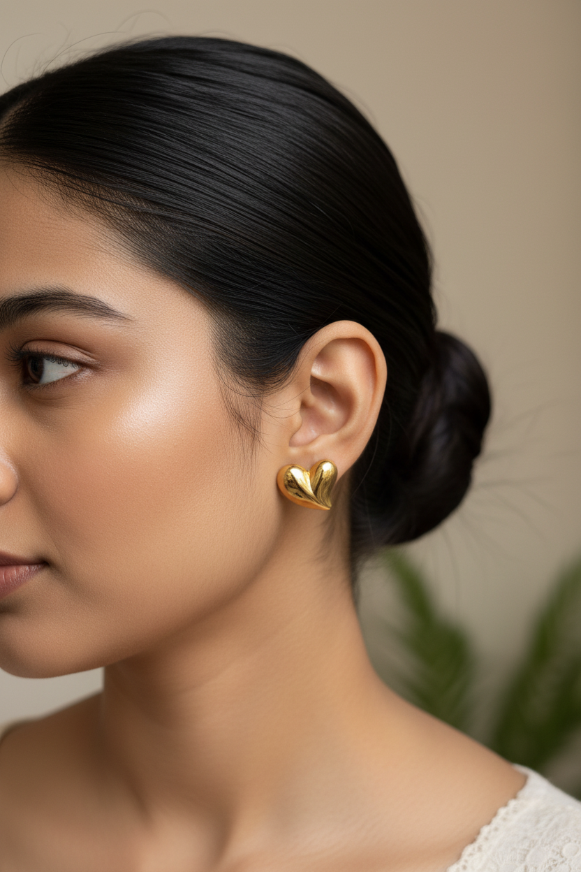 Side profile close-up with Amora Heart Stud Earrings — skin-safe gold earrings India — SIOBHÁN