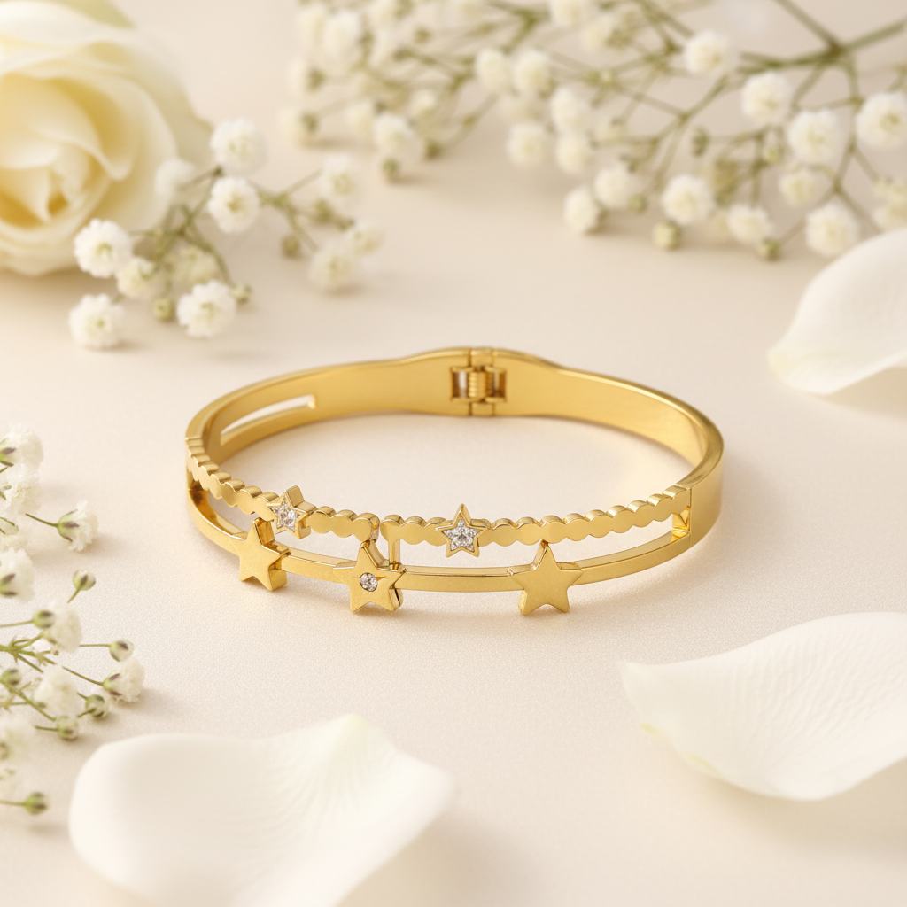 Star Double Band Bangle with flowers flat lay — waterproof gold bangle India — SIOBHÁN