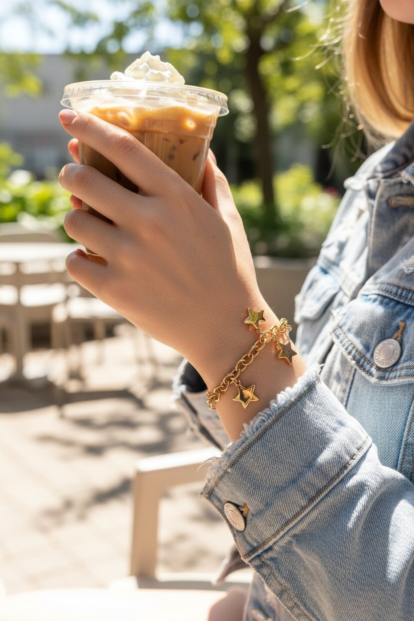 Star Charm Gold Bracelet with denim jacket — waterproof gold bracelet India — SIOBHÁN
