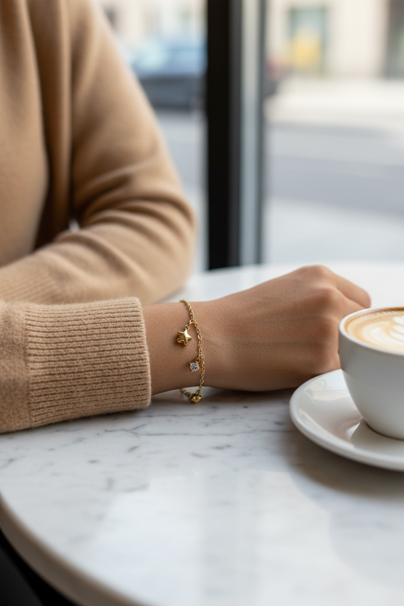 Celestial Star & Crystal Charm Bracelet café lifestyle — anti-tarnish star bracelet India — SIOBHÁN