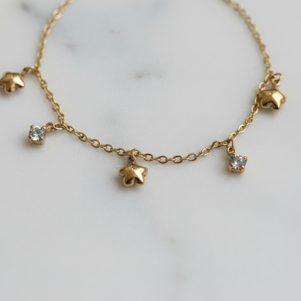 Celestial Star & Crystal Charm Bracelet overhead charm detail — anti-tarnish gold bracelet India — SIOBHÁN