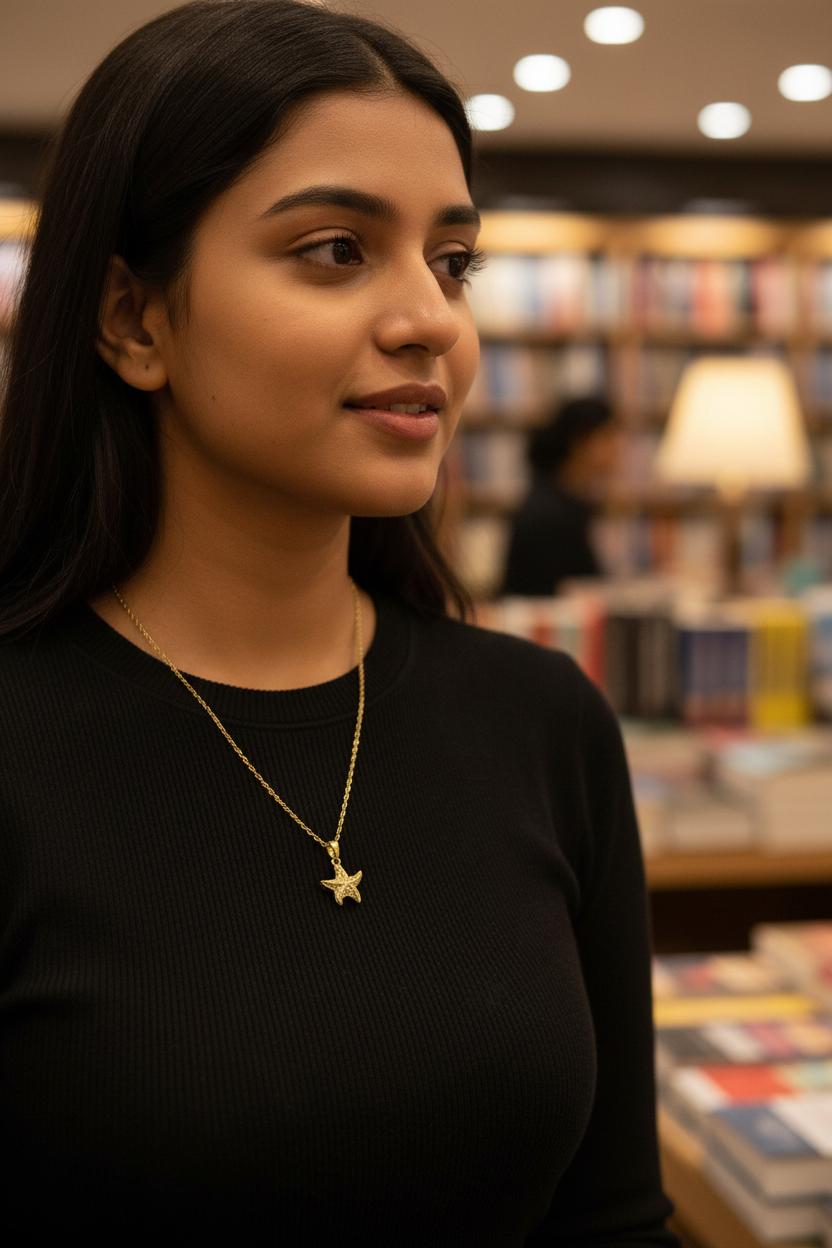 Gold Starfish Pendant Necklace at bookstore lifestyle — anti-tarnish ocean necklace India — SIOBHÁN
