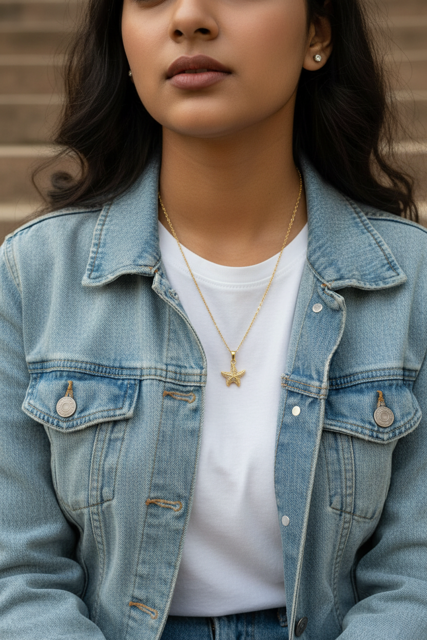 Gold Starfish Pendant Necklace at college campus lifestyle — skin-safe gold necklace India — SIOBHÁN