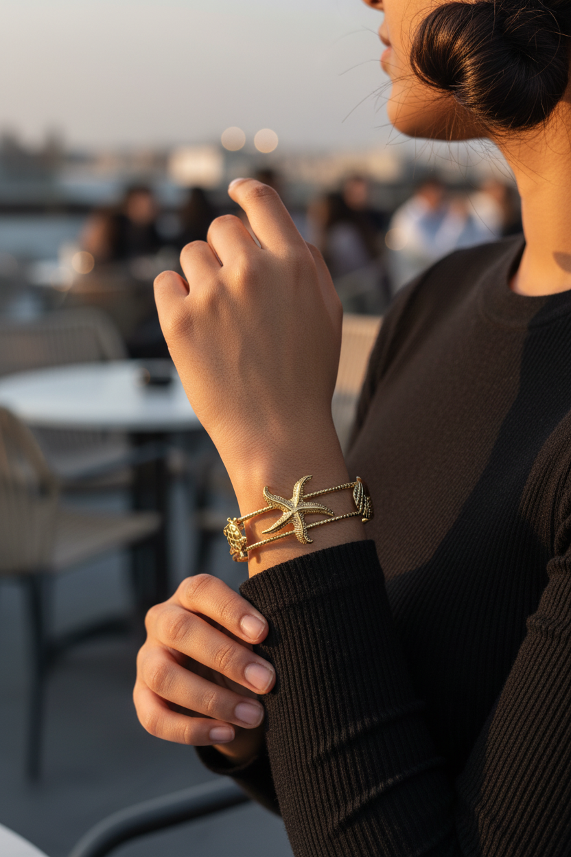 Ocean Muse Gold Cuff Bracelet rooftop lifestyle shot — skin-safe gold cuff India — SIOBHÁN