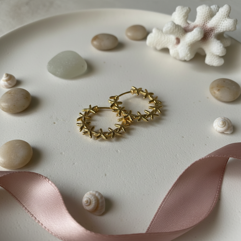 Starfish Hoop Earrings styled product shot — waterproof gold earrings India — SIOBHÁN