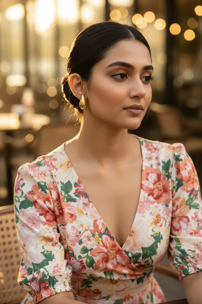 Luxe Gold Teardrop Earrings café lifestyle shot — waterproof gold earrings India — SIOBHÁN
