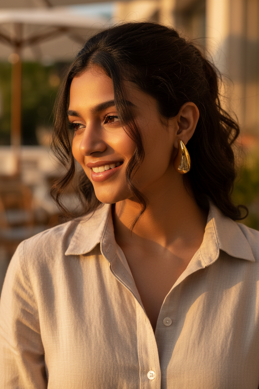 Gold Sculpted Teardrop Earrings close-up — gold drop earrings India — SIOBHÁN