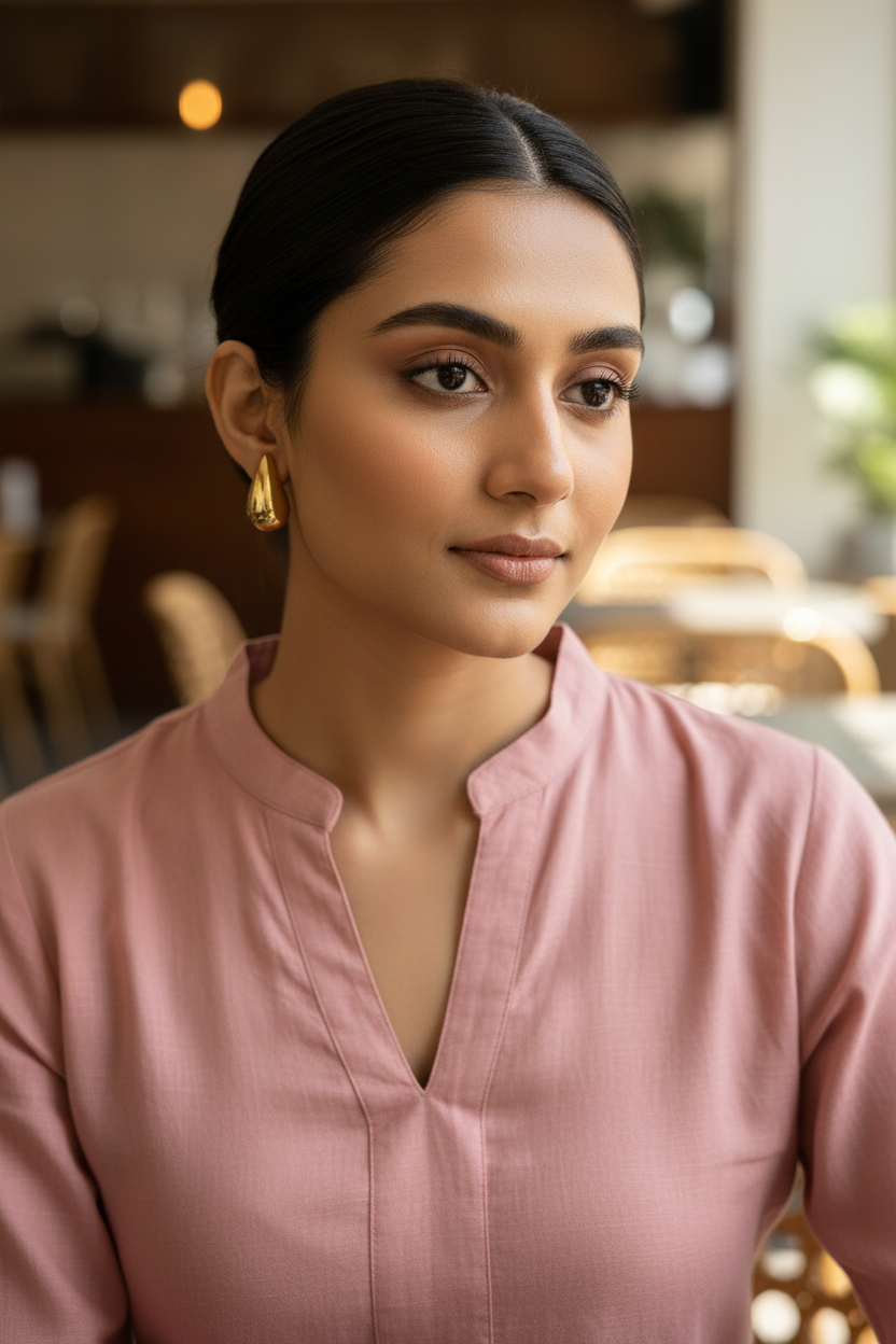 Model wearing Luxe Gold Teardrop Earrings with kurta — anti-tarnish fashion earrings India — SIOBHÁN