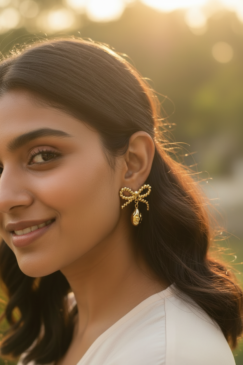 Tight crop portrait with Gold Bow Tear Drop Earrings — anti-tarnish fashion earrings India — SIOBHÁN