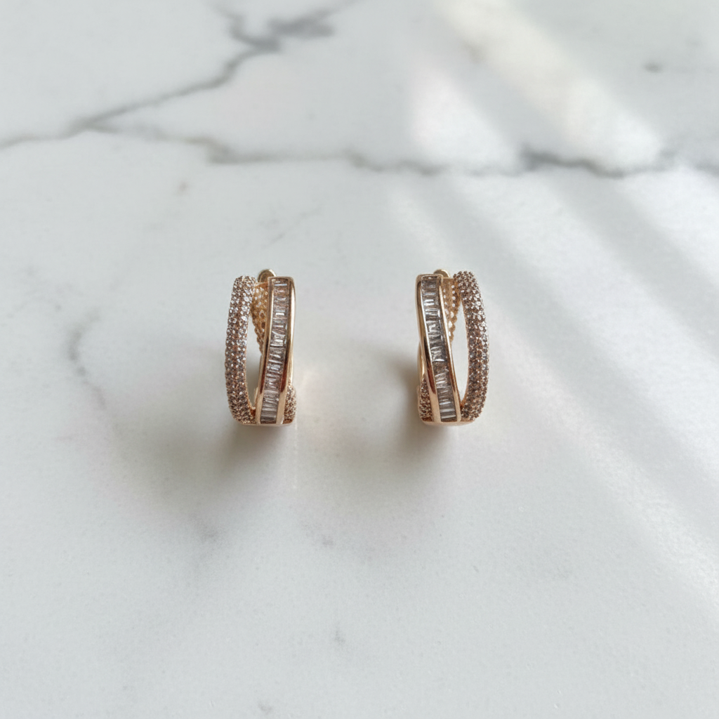Rose Gold Triple-Rail Baguette CZ Huggie Hoops