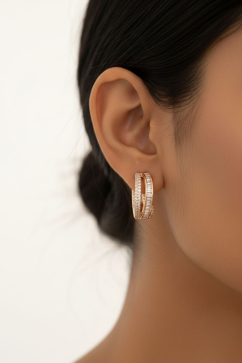 Rose Gold Triple-Rail Baguette CZ Huggie Hoops
