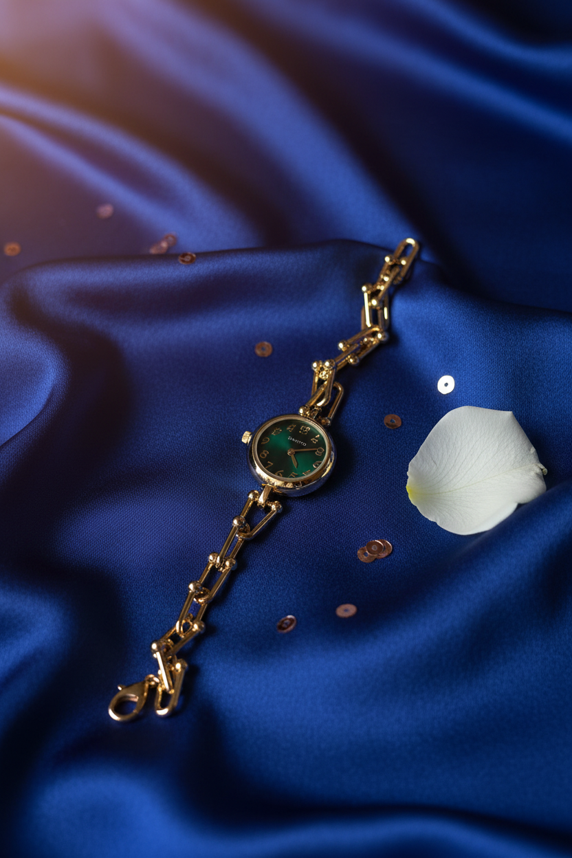 Vintage Emerald Link Chain Watch velvet silk premium styling — waterproof watch India — SIOBHÁN