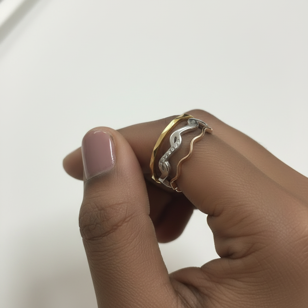 3-Tone Wave & Music Note CZ Ring Stack Set