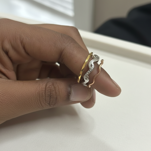 3-Tone Wave & Music Note CZ Ring Stack Set