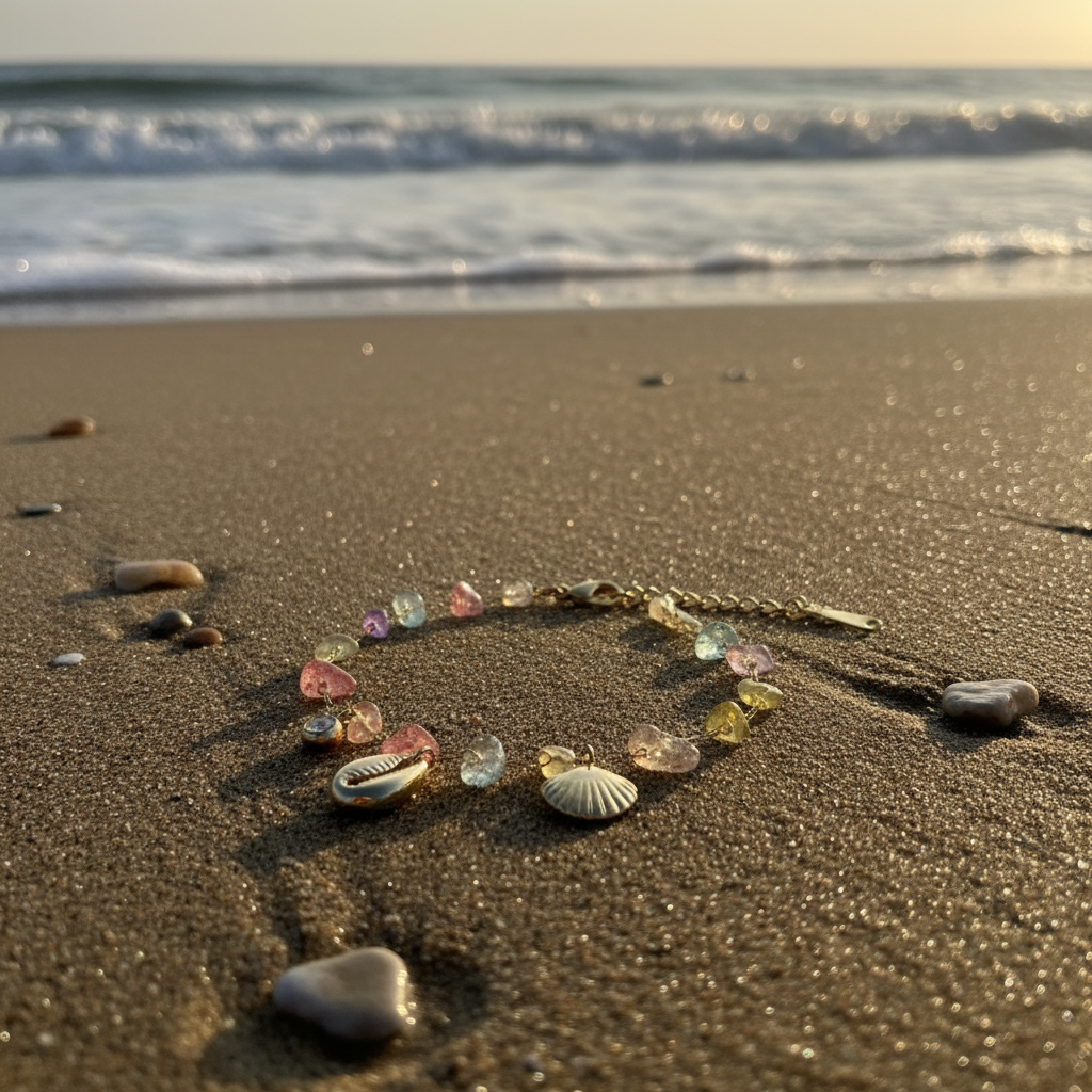 Coastal Gemstone Charm Bracelet at wet sand waters edge — anti-tarnish beach bracelet India — SIOBHÁN