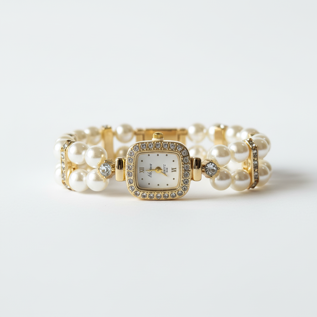 Pearl Elegance Bracelet Watch white background luxury shot — waterproof watch India — SIOBHÁN