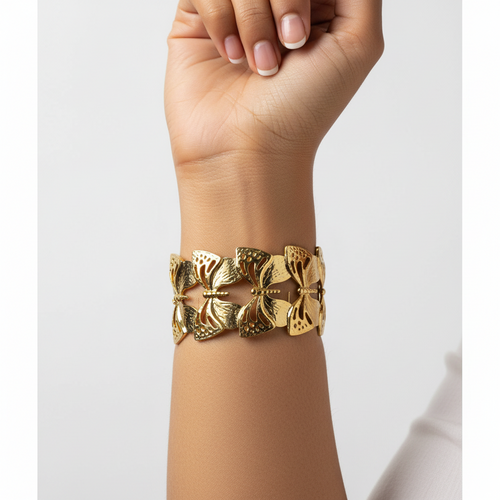 Butterfly Filigree Cuff Bracelet width comparison on wrist — anti-tarnish gold bracelet India — SIOBHÁN