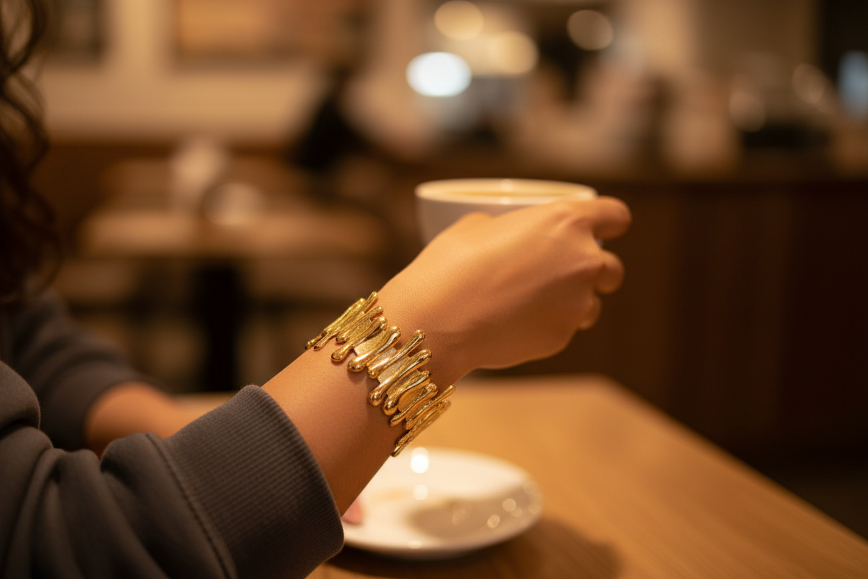 The Molten Cuff wrist café lifestyle — anti-tarnish molten cuff India — SIOBHÁN