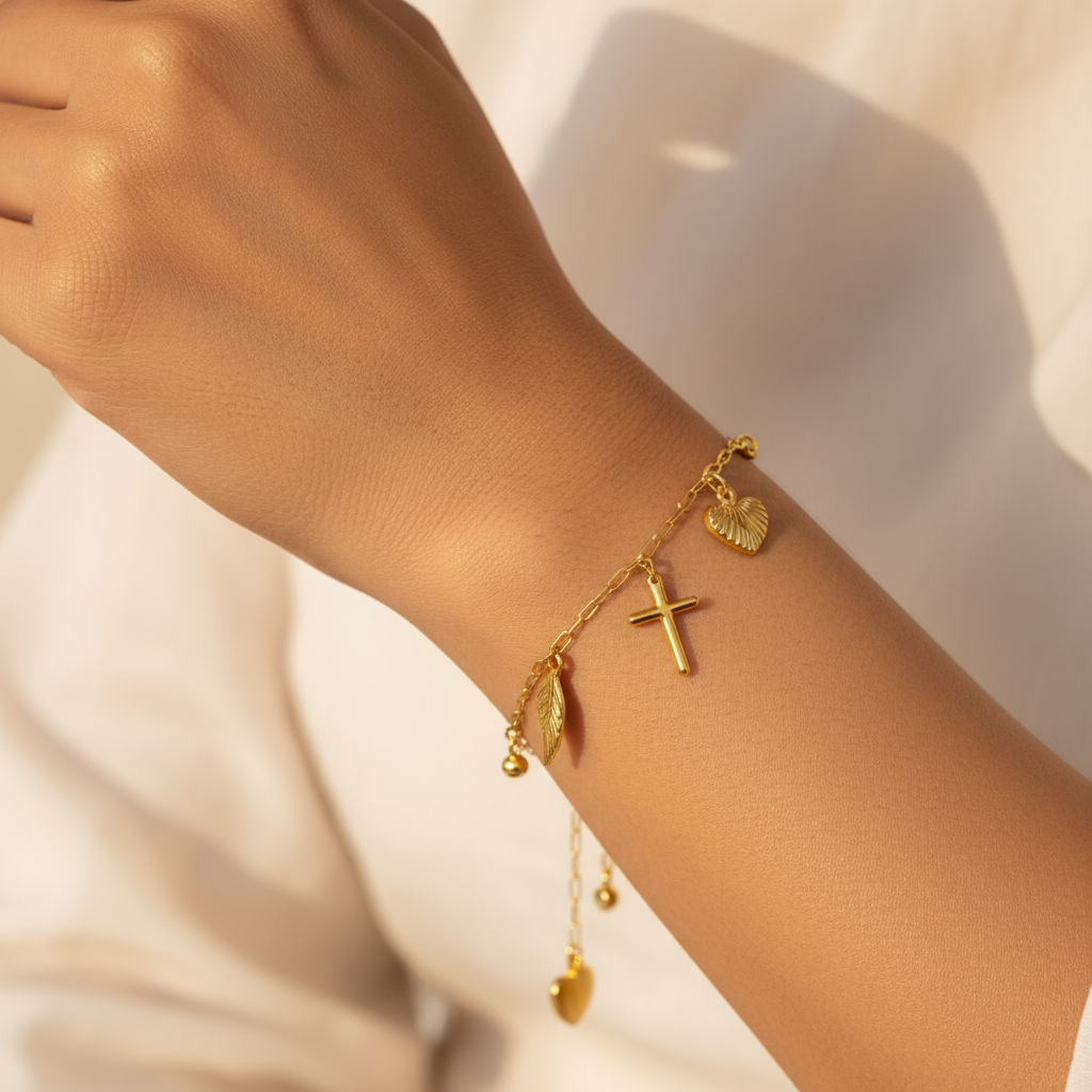 Faith Hope & Love Bracelet wrist close-up graceful hand — anti-tarnish charm bracelet India — SIOBHÁN