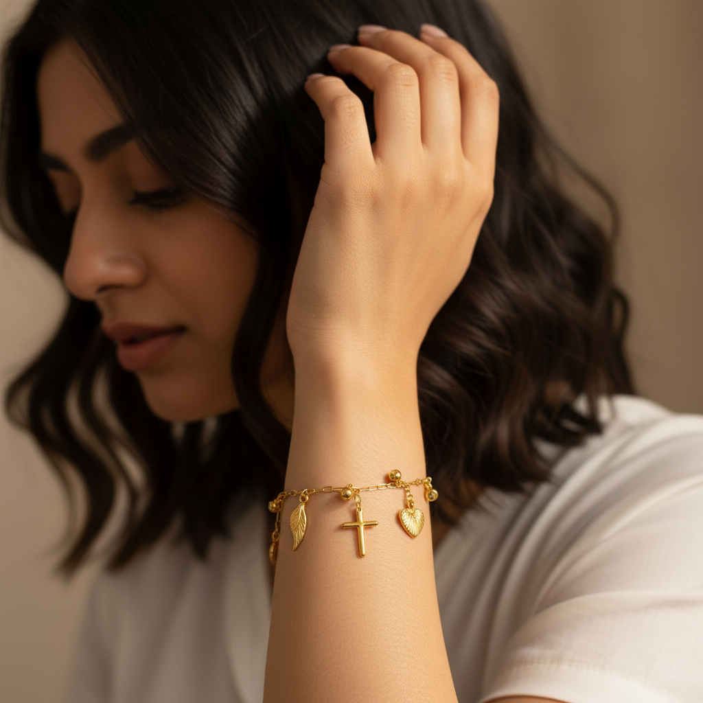 Faith Hope & Love Bracelet wrist close-up hand near face — waterproof gold bracelet India — SIOBHÁN