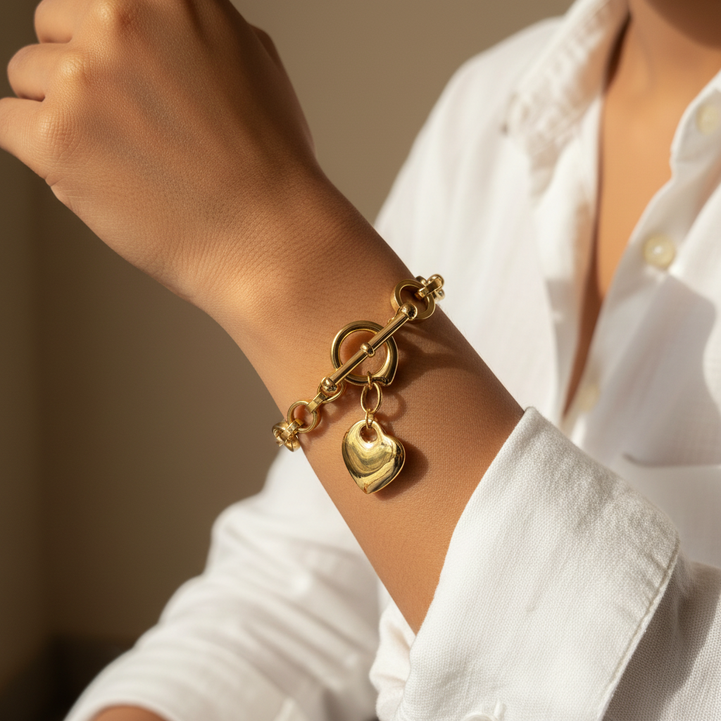Heart Charm Link Bracelet wrist shot — waterproof gold charm bracelet India — SIOBHÁN