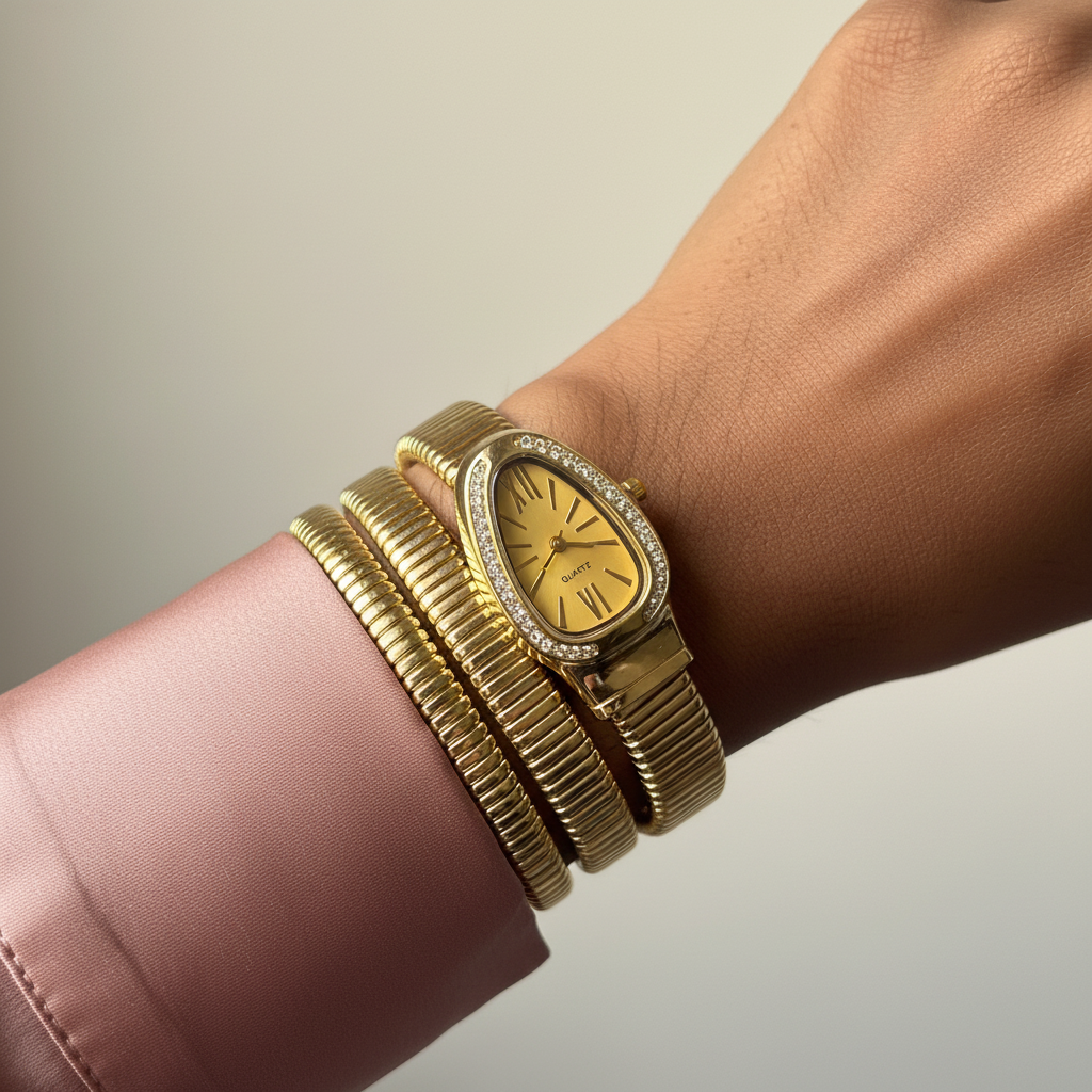 Luxe Gold Serpent Wrap Watch wrist shot — skin-safe fashion watch India — SIOBHÁN